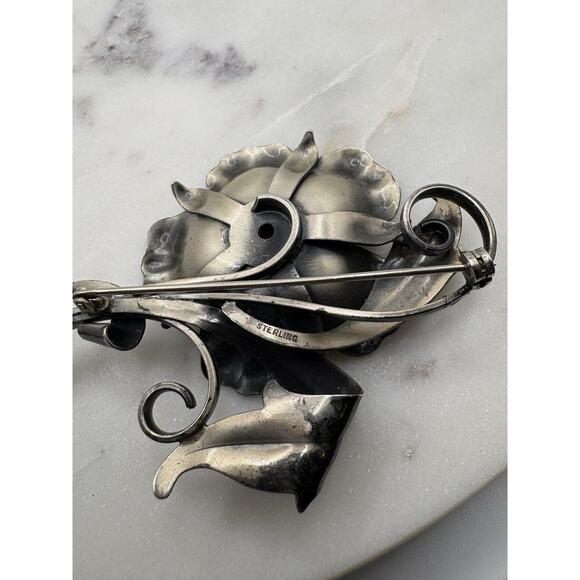Vintage Sterling Silver Red Rhinestone Flower Brooch Pin Pendant Art Deco - Picture 6 of 6